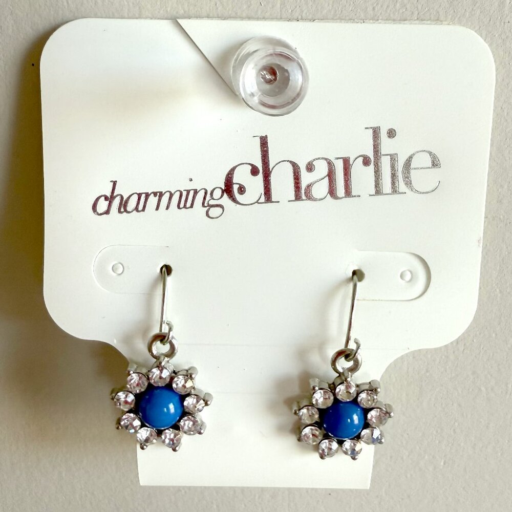 Charming Charlie Blue Stone Rhinestone Flower Dangle Earrings – Silver Tone